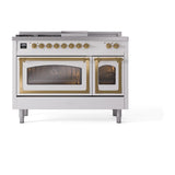 ILVE UN48FSNMPWHG Nostalgie II Noblesse 48 inch Dual Fuel Range (5 Sealed Burners + Griddle + French Top, Natural Gas, Triple Glass Door, White, Brass)