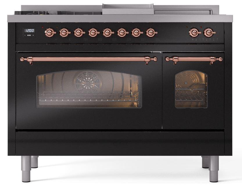 Nostalgie II 48 Inch Dual Fuel Natural Gas Freestanding Range in Glossy Black with Copper Trim