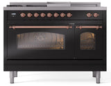 Nostalgie II 48 Inch Dual Fuel Natural Gas Freestanding Range in Glossy Black with Copper Trim