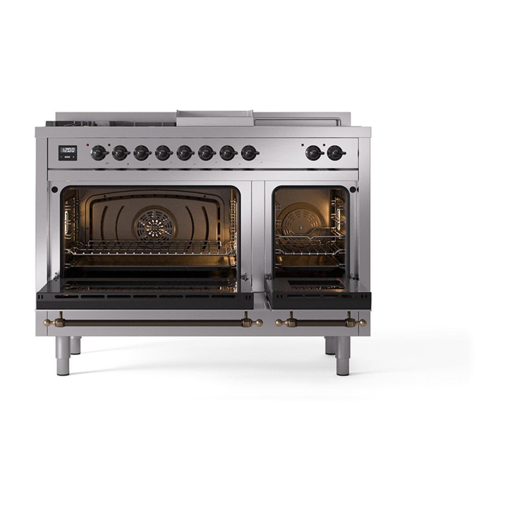 ILVE UN48FSQNMPSSBLP Nostalgie II Noblesse 48 inch Dual Fuel Range (5 Sealed Burners + Griddle + French Top, Liquid Propane, Solid Door, Stainless Steel, Burnished)