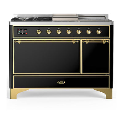 ILVE UM48FSQNR3BKGLP Majestic III 48 inch Dual Fuel Range with 5 Black Brass Burners, Griddle and French Top, Dual Function Burner up to 25,000 BTU (Liquid Propane, Solid Door, Glossy Black, Brass)