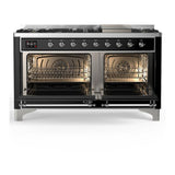 ILVE UM60FQNR3BKC Majestic III 60 inch Dual Fuel Range with 9 Burners and Griddle, Dual Function Burner up to 25,000 BTU (Natural Gas, Solid Door, Glossy Black, Chrome)