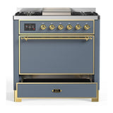 ILVE UM36FQNR3BGG Majestic III 36 inch Dual Fuel Range with 6 Black Brass Burners and Griddle, Dual Function Burner up to 25,000 BTU (Solid Door, Blue Grey, Brass, Natural Gas)