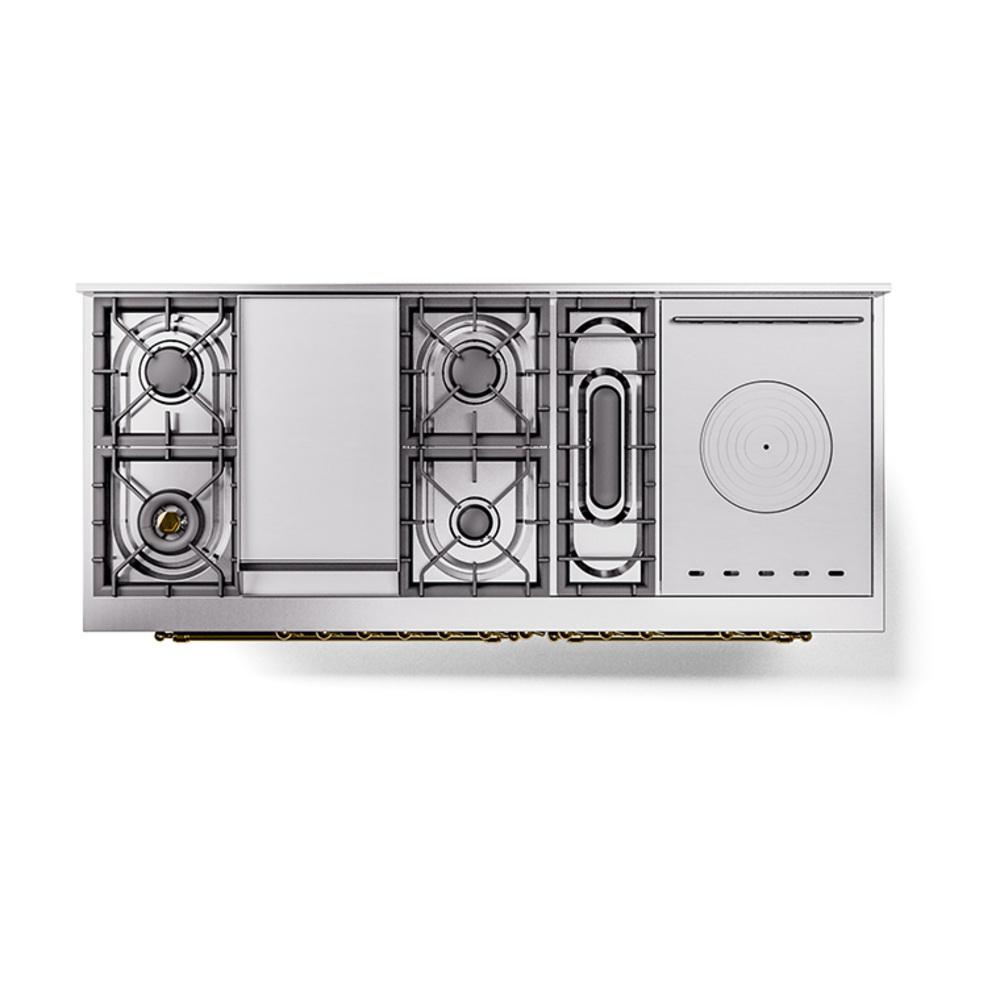 ILVE UN60FSQNMPEGGLP Nostalgie II Noblesse 60 inch Dual Fuel Range (7 Sealed Burners + Griddle + French Top, Liquid Propane, Solid Door, Emerald Green, Brass)