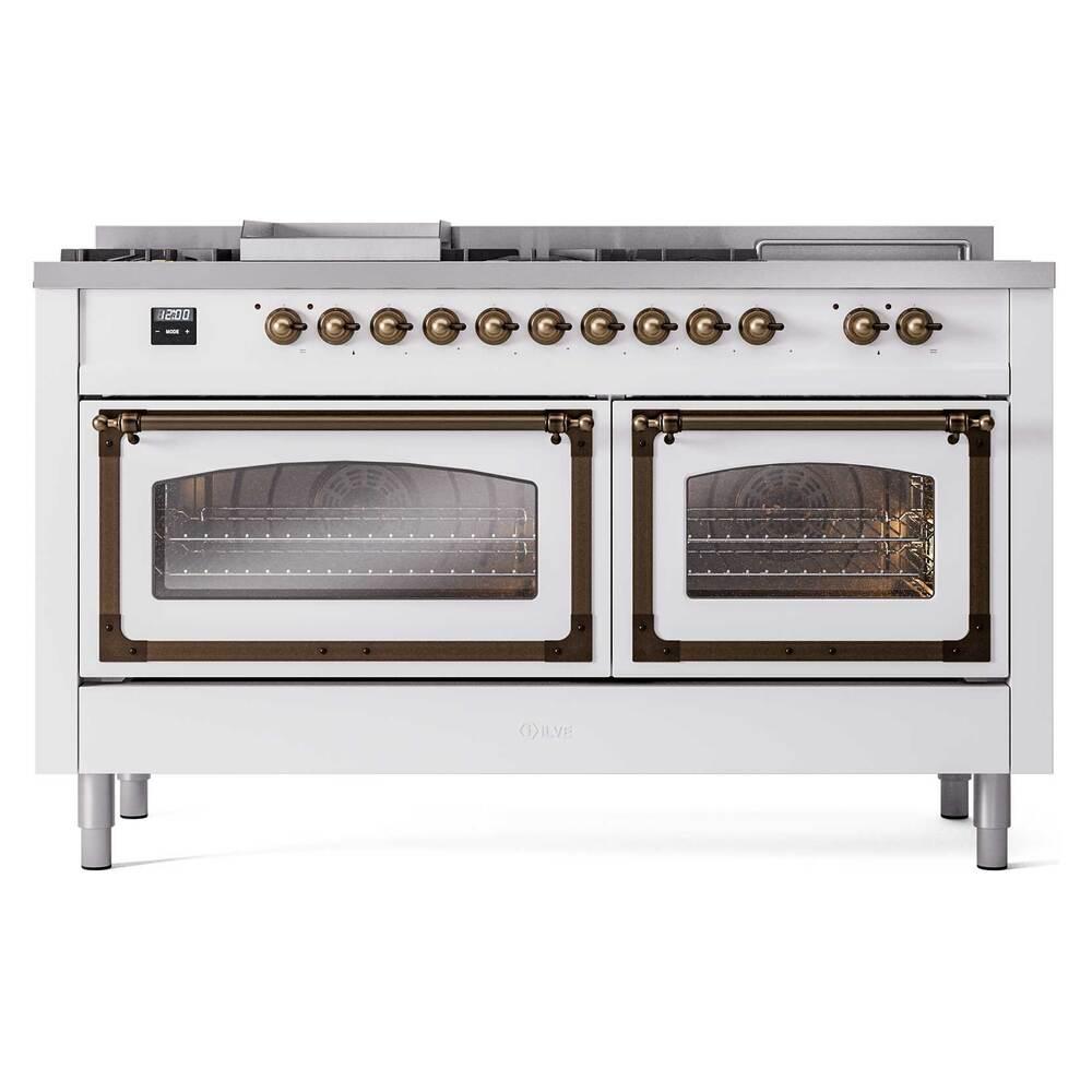 ILVE UN60FSNMPWHBLP Nostalgie II Noblesse 60 inch Dual Fuel Range (7 Sealed Burners + Griddle + French Top, Liquid Propane, Triple Glass Door, White, Burnished)