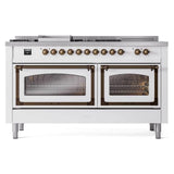 ILVE UN60FSNMPWHBLP Nostalgie II Noblesse 60 inch Dual Fuel Range (7 Sealed Burners + Griddle + French Top, Liquid Propane, Triple Glass Door, White, Burnished)