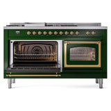ILVE UN60FSNMPEGG Nostalgie II Noblesse 60 inch Dual Fuel Range (7 Sealed Burners + Griddle + French Top, Natural Gas, Triple Glass Door, Emerald Green, Brass)