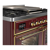 ILVE UMD40FNR3BUG Majestic III 40 inch Dual Fuel Range with 6 Burners and Griddle, Dual Function Burner up to 25,000 BTU (Natural Gas, Triple Glass Door, Burgundy, Brass)