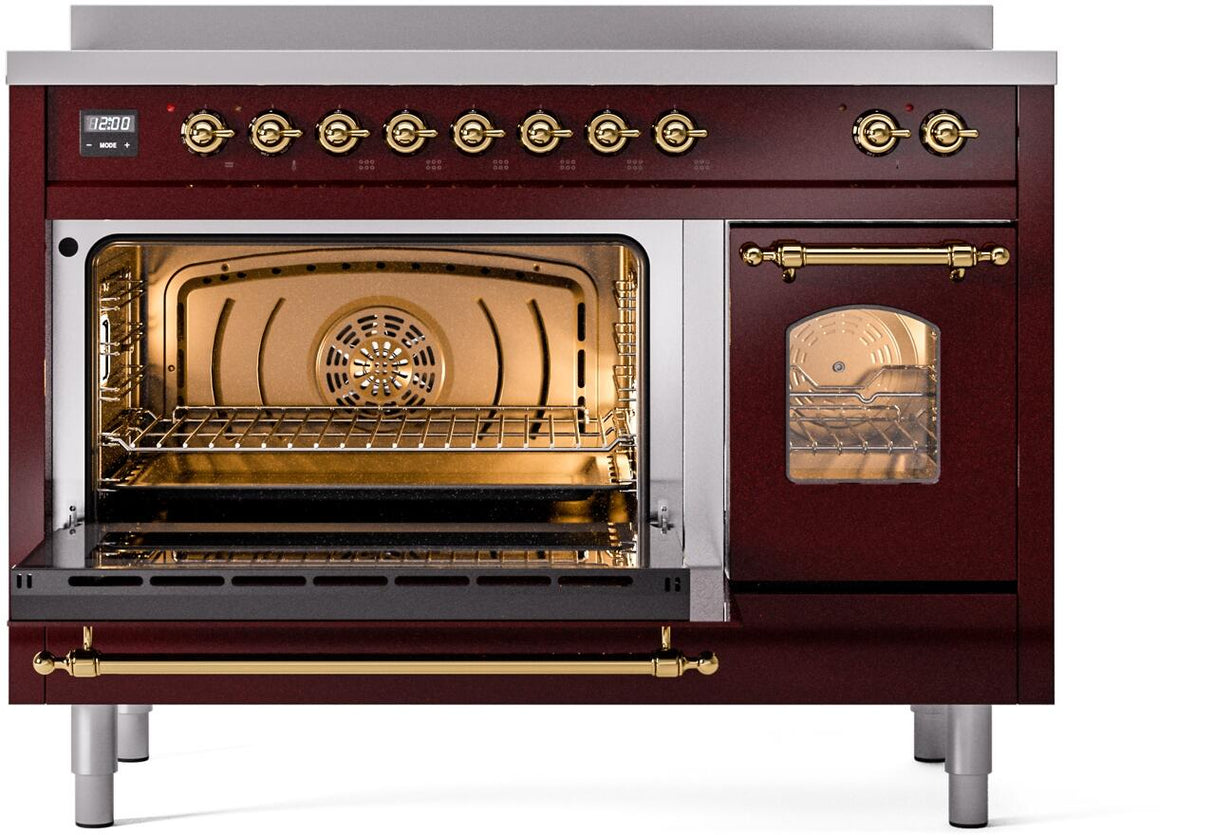 Nostalgie II 48 Inch Electric Freestanding Range in Burgundy with Brass Trim
