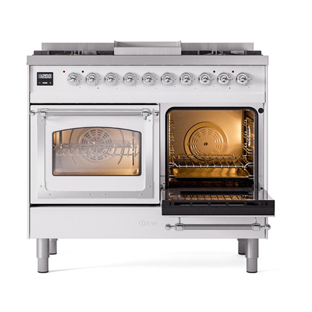 ILVE UND40FNMPWHCLP Nostalgie II Noblesse 40 inch Dual Fuel Range (Liquid Propane, Triple Glass Door, White, Chrome)