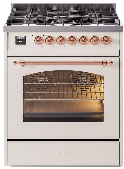 Nostalgie II 30 Inch Dual Fuel Natural Gas Freestanding Range in Antique White with Copper Trim