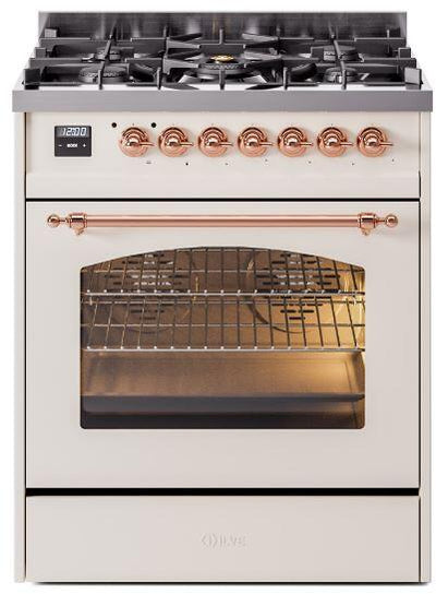 Nostalgie II 30 Inch Dual Fuel Natural Gas Freestanding Range in Antique White with Copper Trim