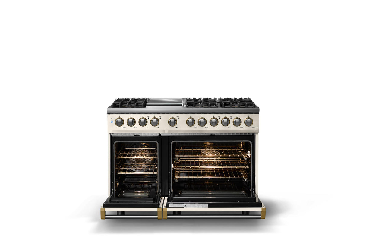 48"W. Dual Fuel Range (Burner: 6g, Finish: Pure White, Trim: Brushed Brass, Fuel: Propane)
