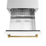 ZLINE Autograph Edition 24 in. Touchstone 168 Can Outdoor-Rated Dual Refrigerator Drawer with White Matte Doors and Polished Gold Handles (RDSOZ-WM-24-G)