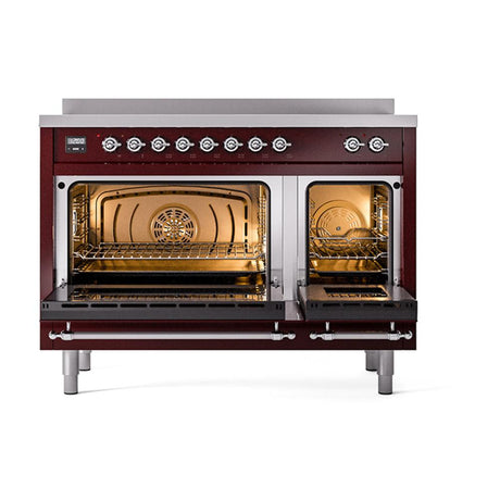 ILVE UNI486QNMPBUC Nostalgie II Noblesse 48 inch Induction Range (Solid Door, Burgundy, Chrome)