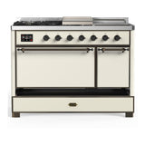 ILVE UM48FSQNR3AWB Majestic III 48 inch Dual Fuel Range with 5 Black Brass Burners, Griddle and French Top, Dual Function Burner up to 25,000 BTU (Natural Gas, Solid Door, Antique White, Burnished)