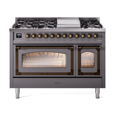 ILVE UN48FNMPMGB Nostalgie II Noblesse 48 inch Dual Fuel Range (8 Sealed Burners + Griddle, Natural Gas, Triple Glass Door, Graphite Matte, Burnished)