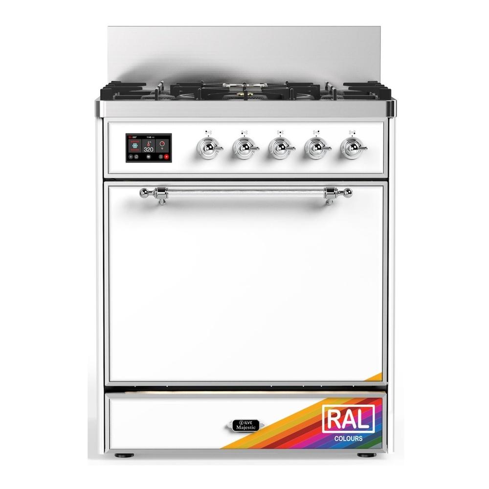 ILVE UM30QNR3RAC Majestic III 30 inch Dual Fuel Range with 5 Black Brass Burners, Dual Function Burner up to 25,000 BTU (Natural Gas, Solid Door, RAL, Chrome)