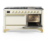 ILVE UM60FQNR3AWGLP Majestic III 60 inch Dual Fuel Range with 9 Burners and Griddle, Dual Function Burner up to 25,000 BTU (Liquid Propane, Solid Door, Antique White, Brass)