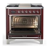 ILVE UM36FQNR3BUCLP Majestic III 36 inch Dual Fuel Range with 6 Black Brass Burners and Griddle, Dual Function Burner up to 25,000 BTU (Solid Door, Burgundy, Chrome, Liquid Propane)