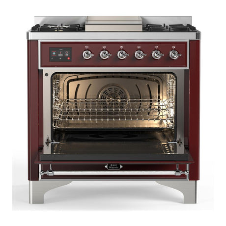 ILVE UM36FQNR3BUCLP Majestic III 36 inch Dual Fuel Range with 6 Black Brass Burners and Griddle, Dual Function Burner up to 25,000 BTU (Solid Door, Burgundy, Chrome, Liquid Propane)