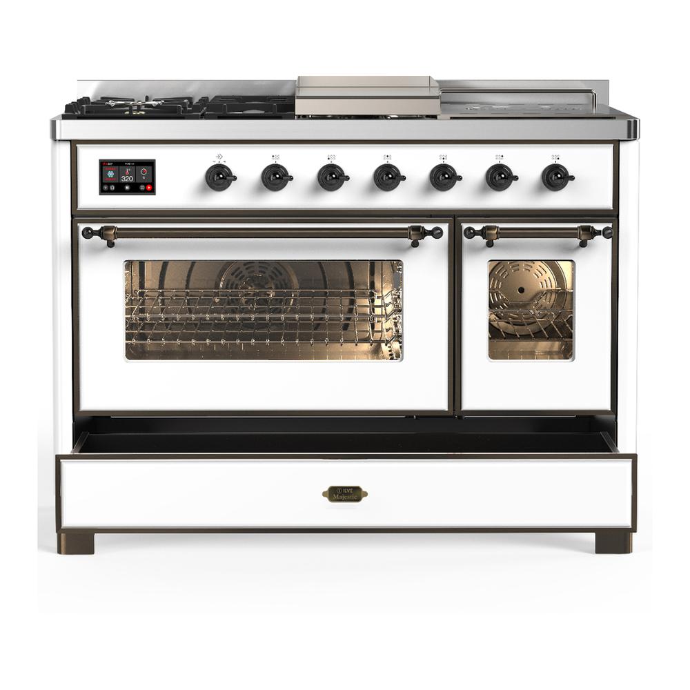 ILVE UM48FSNR3WHBLP Majestic III 48 inch Dual Fuel Range with 5 Black Brass Burners, Griddle and French Top, Dual Function Burner up to 25,000 BTU (Liquid Propane, Triple Glass Door, White, Burnished)