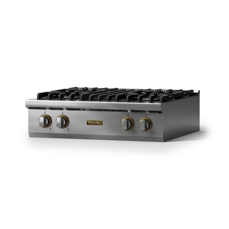 30"W. Gas Rangetop (Finish: Stainless Steel, Trim: Brushed Brass, Fuel: Propane)