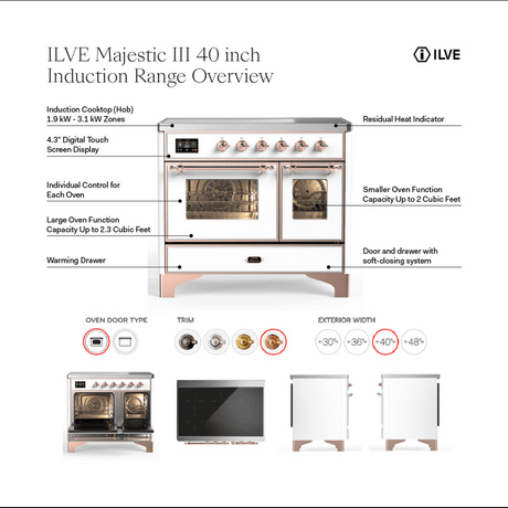 ILVE UMDIB40QNR3SSB Majestic III 40 inch Induction Range with 6 Elements, 3.82 cu. ft. Total Oven Capacity (Solid Door, Stainless Steel, Burnished)