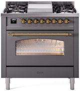 Nostalgie II 36 Inch Dual Fuel Liquid Propane Freestanding Range in Matte Graphite with Brass Trim
