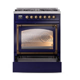 ILVE UN30NMPMBB Nostalgie II Noblesse 30 inch Dual Fuel Range (Natural Gas, Triple Glass Door, Midnight Blue, Burnished)