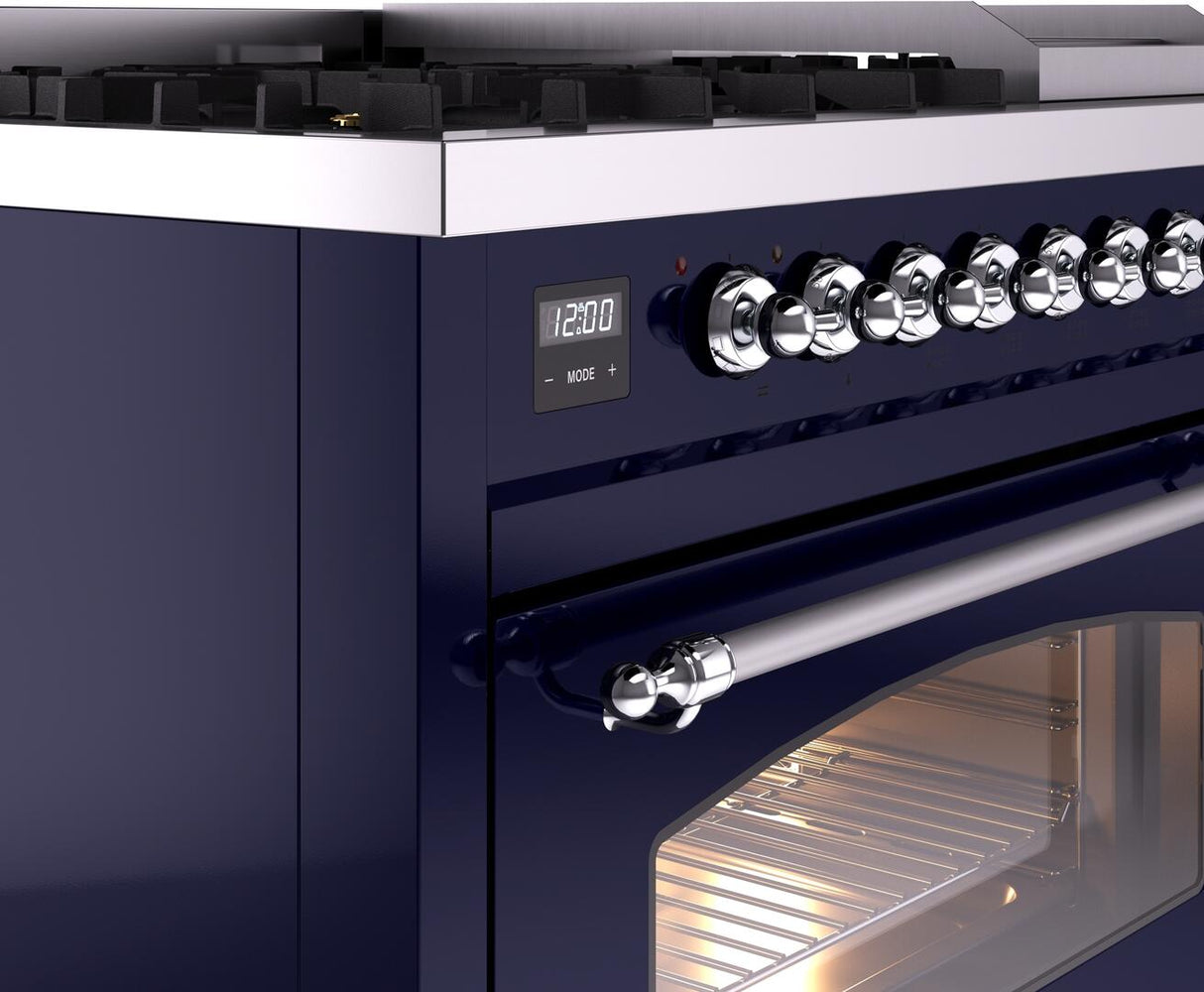 Nostalgie II 48 Inch Dual Fuel Natural Gas Freestanding Range in Blue with Chrome Trim