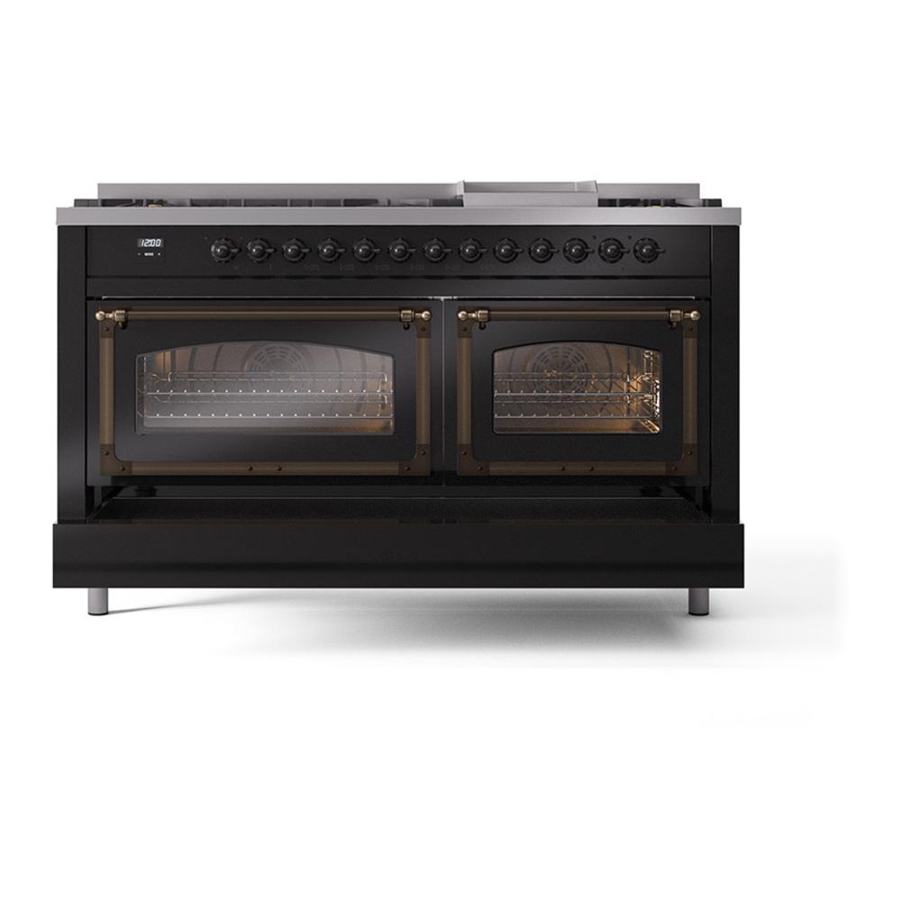 ILVE UN60FNMPBKB Nostalgie II Noblesse 60 inch Dual Fuel Range (9 Sealed Burners + Griddle, Natural Gas, Triple Glass Door, Glossy Black, Burnished)