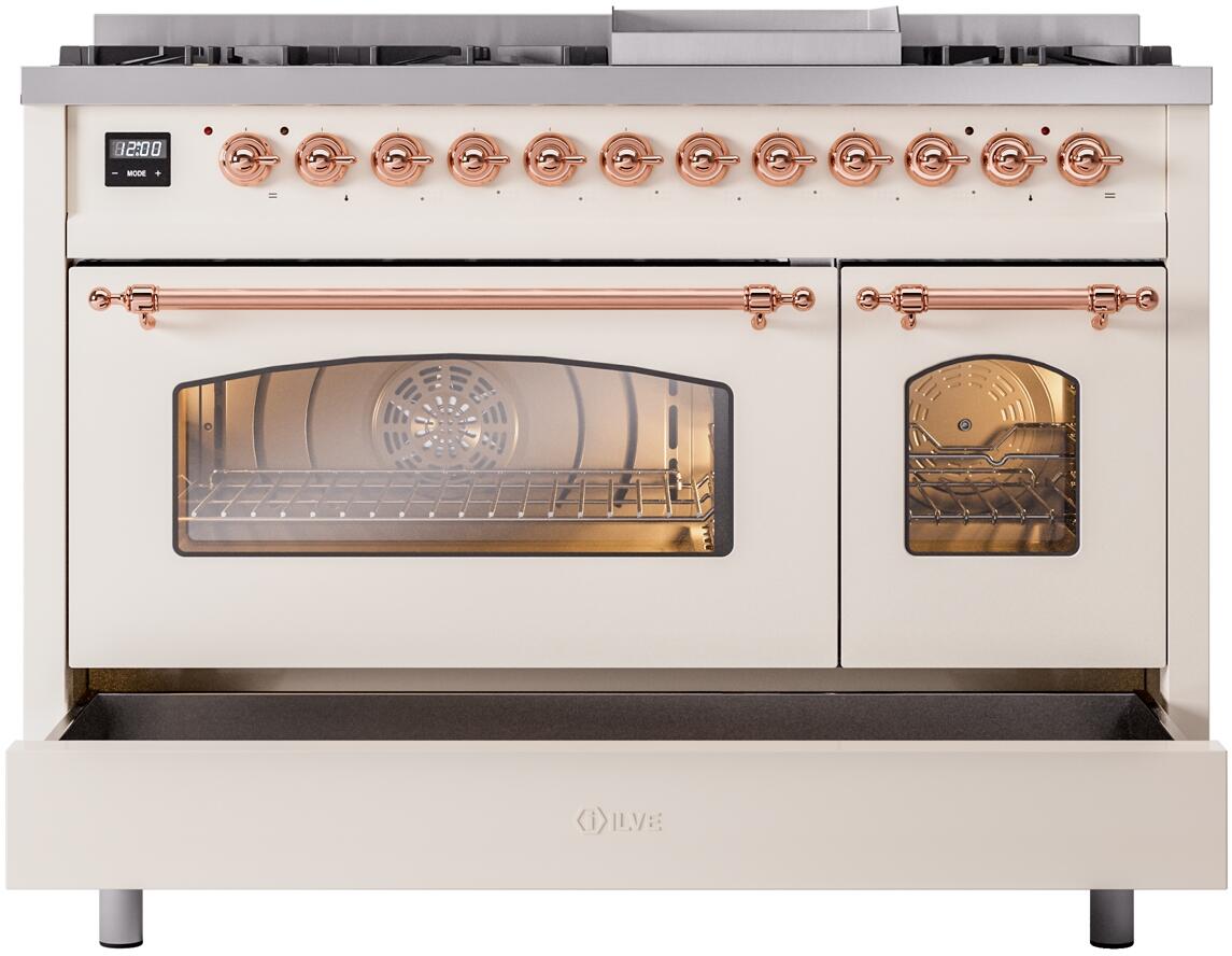Nostalgie II 48 Inch Dual Fuel Natural Gas Freestanding Range in Antique White with Copper Trim
