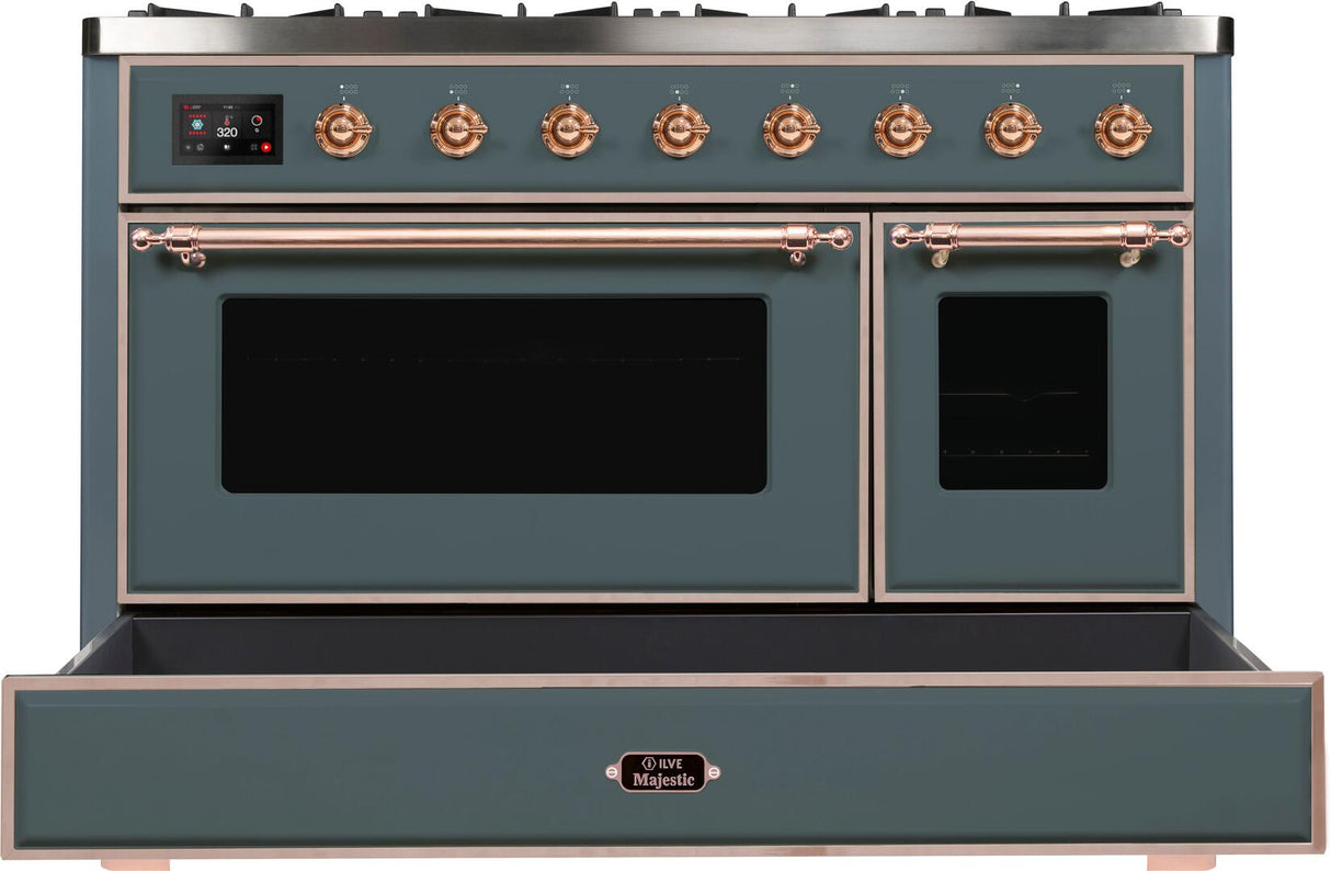 Majestic II 48 Inch Dual Fuel Liquid Propane Freestanding Range in Blue Grey with Copper Trim