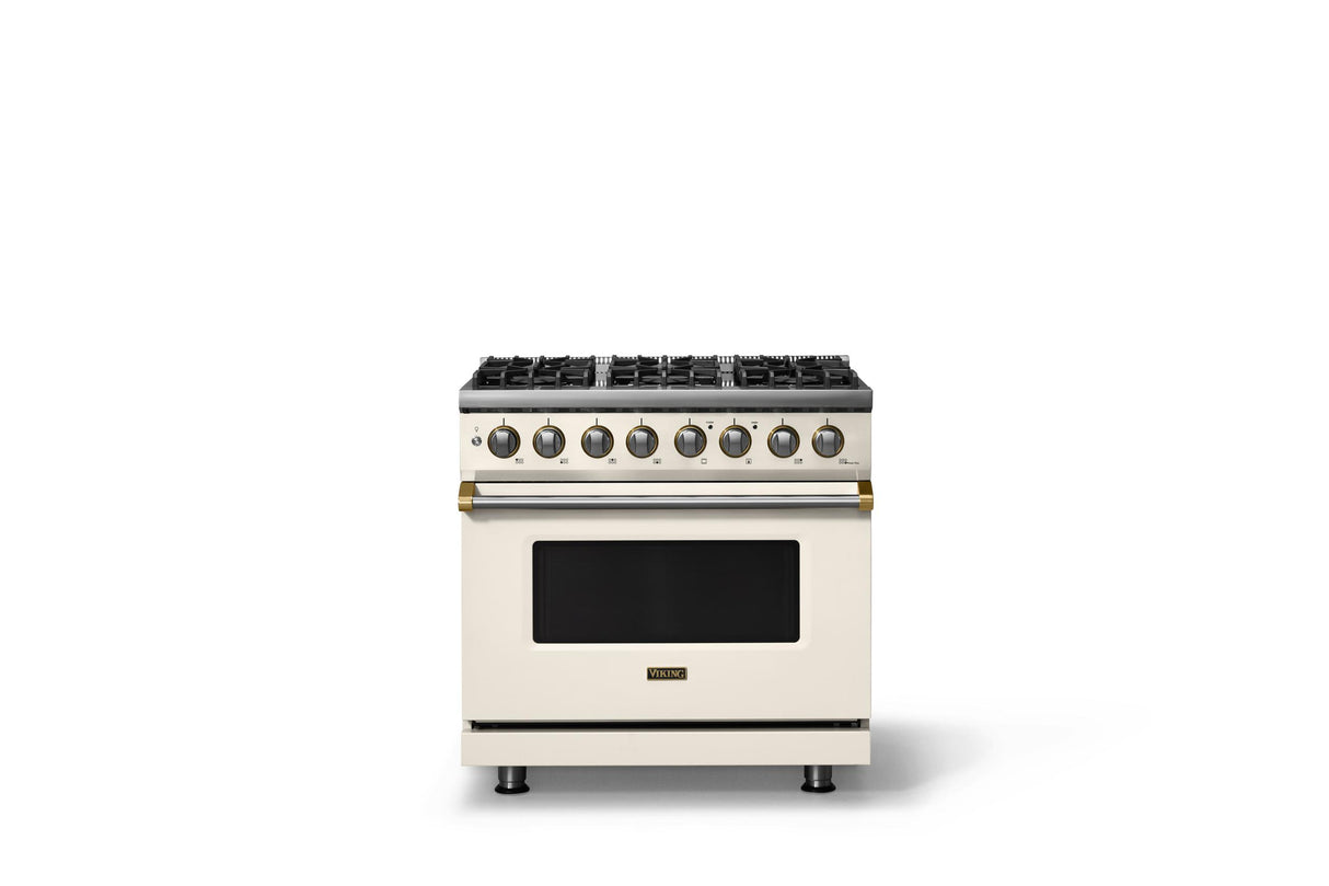 36"W. Dual Fuel Range (Burner: 6b, Finish: Pure White, Trim: Brushed Brass, Fuel: Natural Gas)
