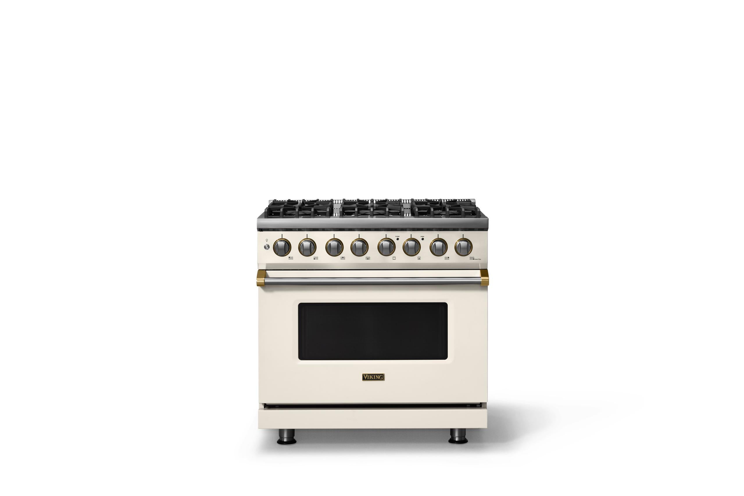 36"W. Dual Fuel Range (Burner: 6b, Finish: Pure White, Trim: Brushed Brass, Fuel: Natural Gas)