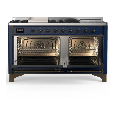 ILVE UM60FSNR3MBB Majestic III 60 inch Dual Fuel Range with 7 Burners, Griddle and French Top, Dual Function Burner with up to 25,000 BTU (Natural Gas, Triple Glass Door, Midnight Blue, Burnished)