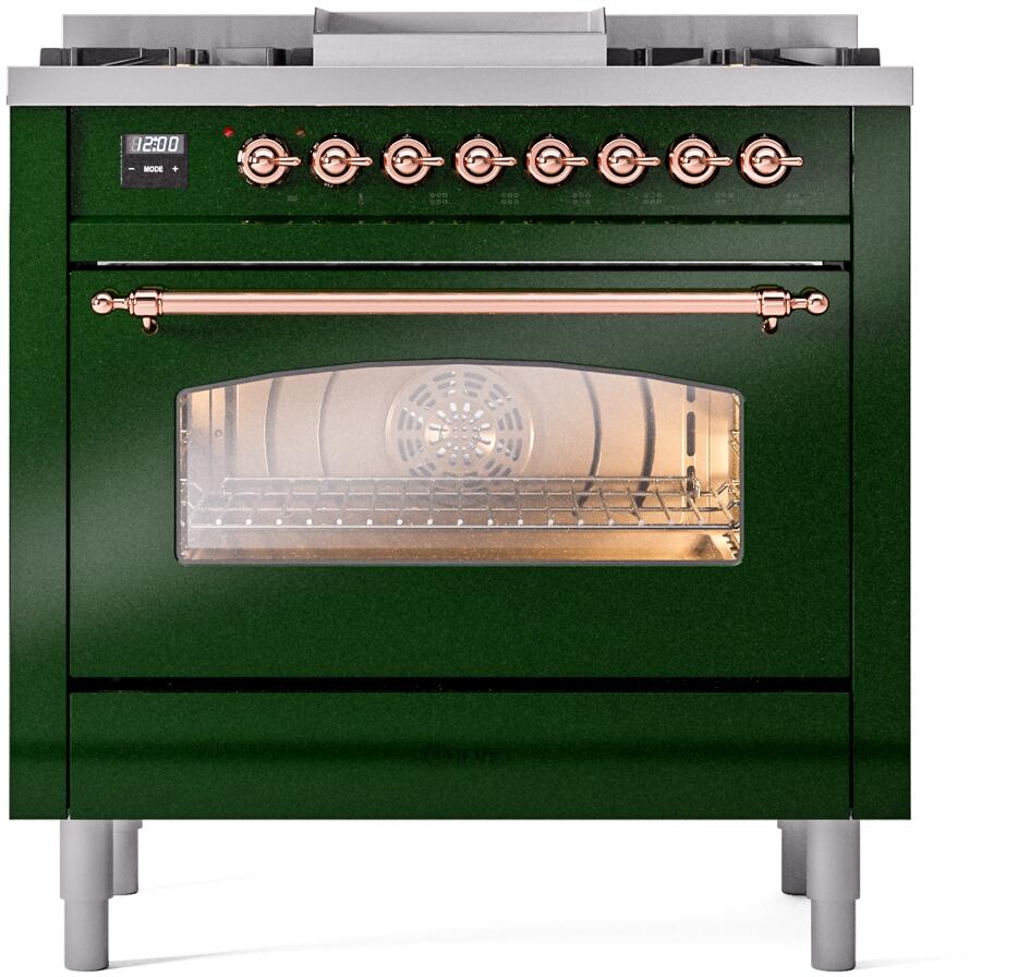 Nostalgie II 36 Inch Dual Fuel Liquid Propane Freestanding Range in Emerald Green with Copper Trim