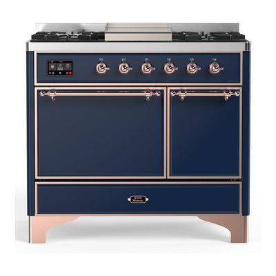 ILVE UMD40FQNR3MBPLP Majestic III 40 inch Dual Fuel Range with 6 Burners and Griddle, Dual Function Burner up to 25,000 BTU (Liquid Propane, Solid Door, Midnight Blue, Copper)