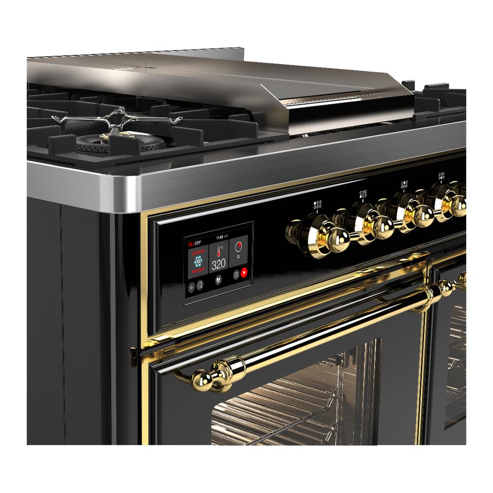 ILVE UMD40FNR3BKGLP Majestic III 40 inch Dual Fuel Range with 6 Burners and Griddle, Dual Function Burner up to 25,000 BTU (Liquid Propane, Triple Glass Door, Glossy Black, Brass)