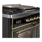 ILVE UMD40FNR3BKGLP Majestic III 40 inch Dual Fuel Range with 6 Burners and Griddle, Dual Function Burner up to 25,000 BTU (Liquid Propane, Triple Glass Door, Glossy Black, Brass)
