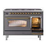 ILVE UP488NMPMGGLP Nostalgie II 48 inch Dual Fuel Range with 8 Total Black Brass Sealed Burners, Brass Trim (Limited Edition) (Liquid Propane, Graphite Matte)