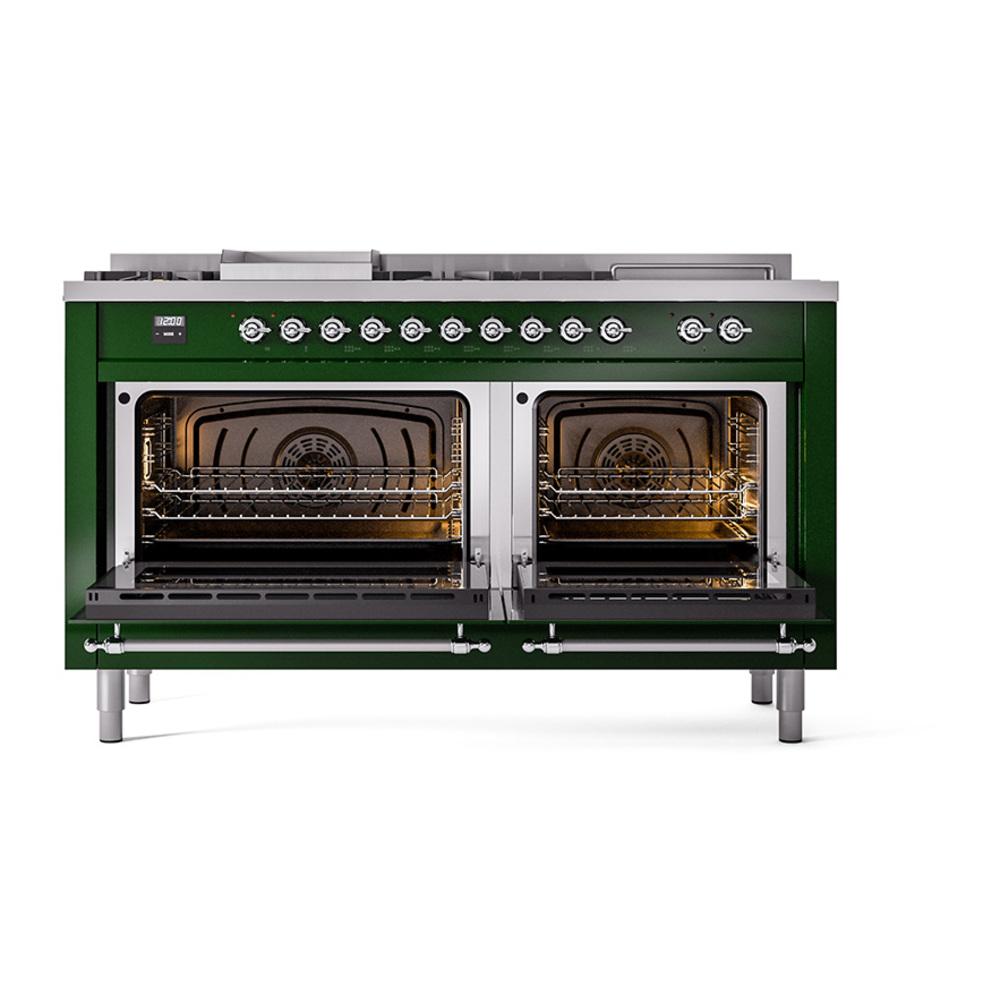ILVE UN60FSQNMPEGCLP Nostalgie II Noblesse 60 inch Dual Fuel Range (7 Sealed Burners + Griddle + French Top, Liquid Propane, Solid Door, Emerald Green, Chrome)