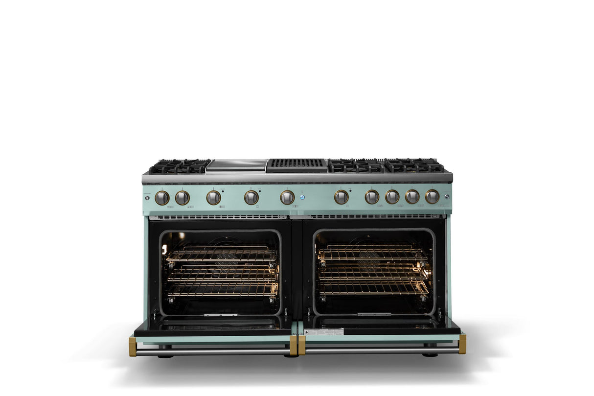 60"W. Sealed Burner Gas Range (Finish: Splash, Trim: Polished Chrome, Fuel: Propane)