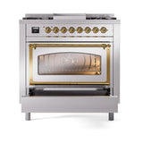 ILVE UN36FNMPSSG Nostalgie II Noblesse 36 inch Dual Fuel Range (Natural Gas, Triple Glass Door, Stainless Steel, Brass)