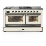 ILVE UM60FSNR3AWB Majestic III 60 inch Dual Fuel Range with 7 Burners, Griddle and French Top, Dual Function Burner with up to 25,000 BTU (Natural Gas, Triple Glass Door, Antique White, Burnished)