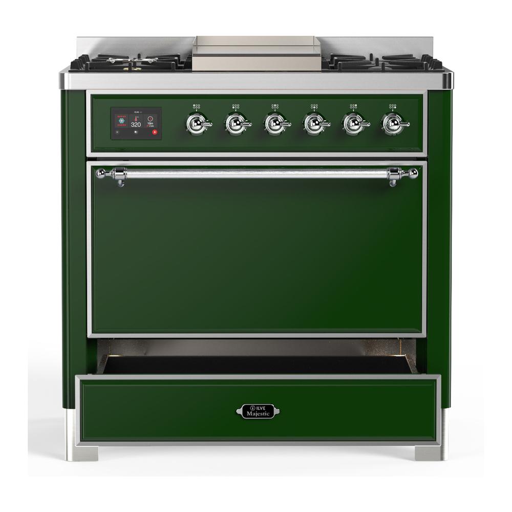 ILVE UM36FQNR3EGCLP Majestic III 36 inch Dual Fuel Range with 6 Black Brass Burners and Griddle, Dual Function Burner up to 25,000 BTU (Solid Door, Emerald Green, Chrome, Liquid Propane)