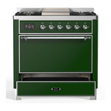 ILVE UM36FQNR3EGCLP Majestic III 36 inch Dual Fuel Range with 6 Black Brass Burners and Griddle, Dual Function Burner up to 25,000 BTU (Solid Door, Emerald Green, Chrome, Liquid Propane)