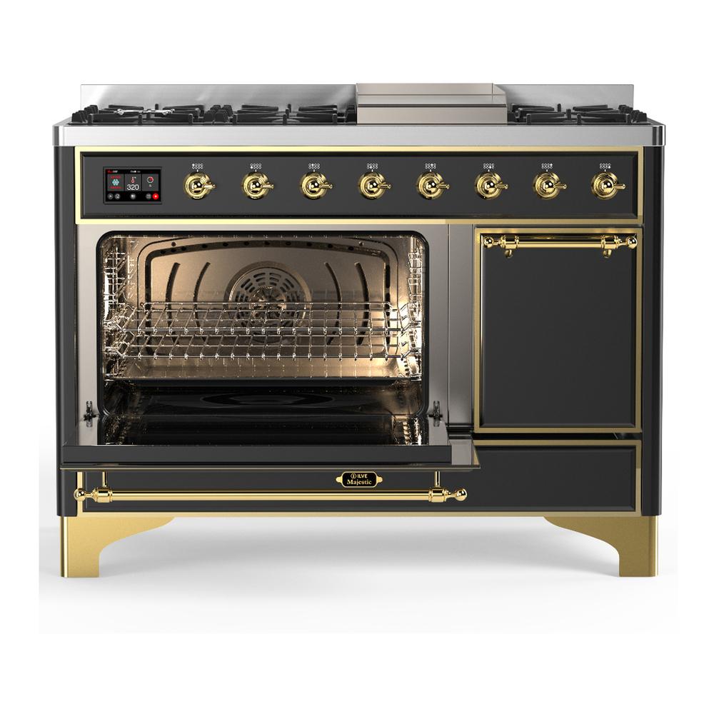 ILVE UM48FQNR3MGGLP Majestic III 48 inch Dual Fuel Range with 8 Burners and Griddle, Dual Function Burner up to 25,000 BTU (Liquid Propane, Solid Door, Graphite Matte, Brass)