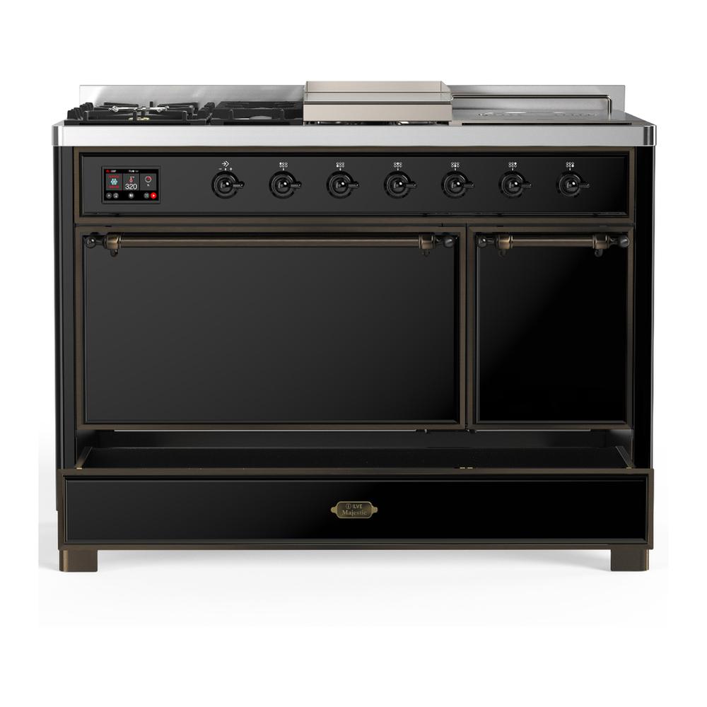 ILVE UM48FSQNR3BKB Majestic III 48 inch Dual Fuel Range with 5 Black Brass Burners, Griddle and French Top, Dual Function Burner up to 25,000 BTU (Natural Gas, Solid Door, Glossy Black, Burnished)